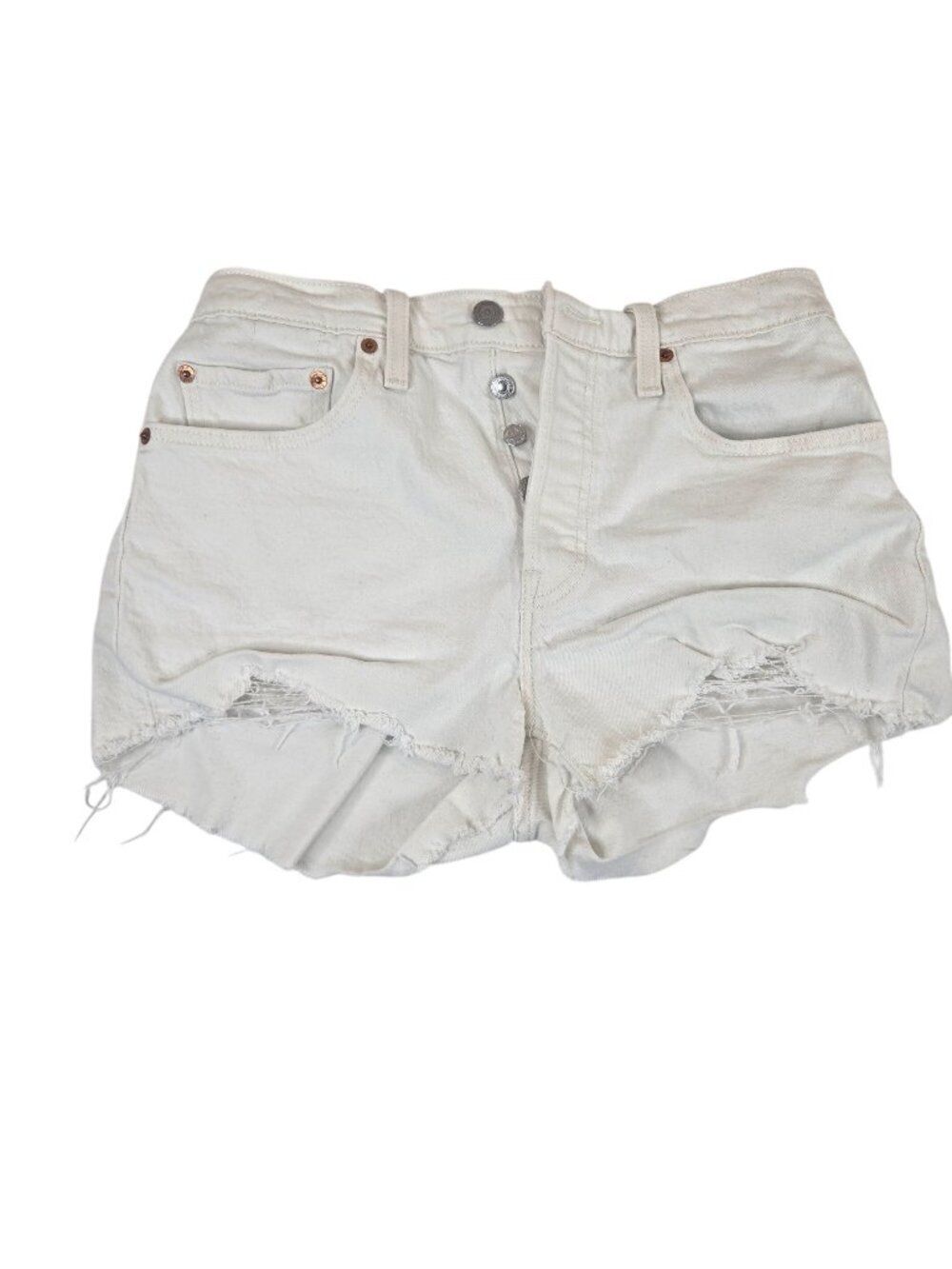 Levis White Distressed High Rise Denim Shorts 27 Raw Hem Button Fly